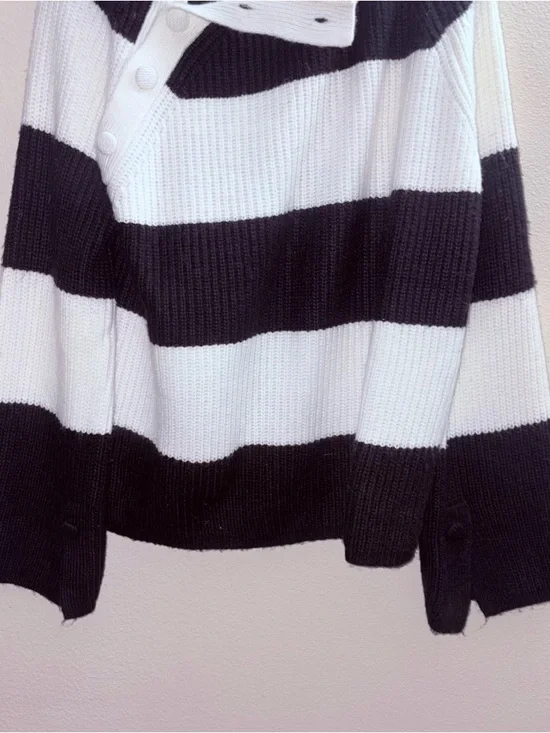 Liz Claiborne Black and White Striped Shawl-Collar Sweater - Picture 3 of 4